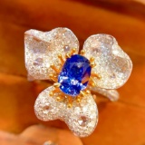 14k Gold 1.8 Ct Vivid Blue Natural Sapphire & Diamond Ring