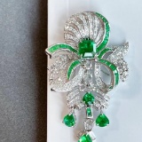 14k Gold 4.89 Ctw Vivid Green Natural Emerald & Diamond Brooch