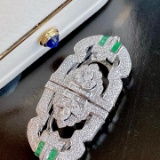 14k Gold 2.5 Ctw Vivid Green Natural Emerald & Diamond Brooch