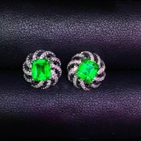 14k Gold 1.9 Ct Vivid Green Natural Emerald & Diamond Earrings