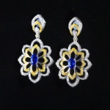 14k Gold 2.60 Ctw Vivid Blue Natural Sapphire & Diamond Earrings