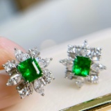 14k Gold 1.7 Ctw Vivid Green Natural Emerald & Diamond Earrings
