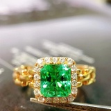 14k Gold 1.85 Ctw Vivid Green Natural Emerald & Diamond Ring