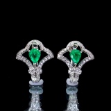 14k Gold 0.94 Ctw Vivid Green Natural Emerald & Diamond Earrings