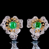 14k Gold 1.84 Ctw Vivid Green Natural Emerald & Diamond Earrings