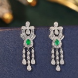 14k Gold 1.32 Ctw Vivid Green Natural Emerald & Diamond Earrings