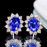 14k Gold 4.31 Ctw Vivid Blue Natural Sapphire & Diamond Earrings