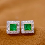 14k Gold 0.82 Ctw Vivid Green Natural Emerald & Diamond Earrings