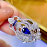 14k Gold 2.41 Ctw Vivid Blue Natural Sapphire & Diamond Brooch/pendant