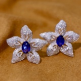 14k Gold 2.43 Ctw Vivid Blue Natural Sapphire & Diamond Earrings