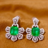 14k Gold 5.83 Ctw Vivid Green Natural Emerald & Diamond Earrings