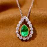 14k Gold 0.69 Ctw Vivid Green Natural Emerald & Diamond Pendant