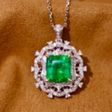 14k Gold 3.61 Ctw Vivid Green Natural Emerald & Diamond Pendant