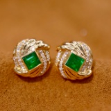 14k Gold 0.10 Ct Vivid Green Natural Emerald & Diamond Earrings