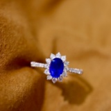 14k Gold 1.17 Ctw Vivid Blue Natural Sapphire & Diamond Ring