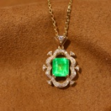 14k Gold 0.90 Ctw Vivid Green Natural Emerald & Diamond Pendant