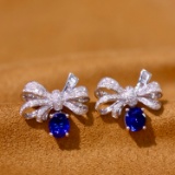 14k Gold 1.53 Ctw Vivid Blue Natural Sapphire & Diamond Earrings