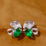 14k Gold 2.04 Ctw Vivid Green Natural Emerald & Diamond Earrings