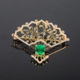 14k Gold 1.28 Ctw Vivid Green Natural Emerald & Diamond Brooch/pendant