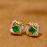 14k Gold 0.71 Ctw Vivid Green Natural Emerald & Diamond Earrings