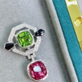 14k Gold 5.9 Ctw Natural Tourmaline & Diamond Brooch