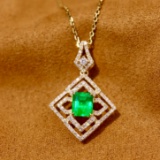 14k Gold 0.87 Ctw Vivid Green Natural Emerald & Diamond Pendant