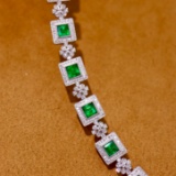 14k Gold 4.89 Ctw Vivid Green Natural Emerald & Diamond Bracelet
