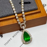 14k Gold 2.96 Ctw Vivid Green Natural Emerald & Diamond Necklace
