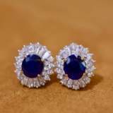 14k Gold 4.33 Ctw Vivid Blue Natural Sapphire & Diamond Earrings