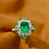 14k Gold 2.81 Ctw Vivid Green Natural Emerald & Diamond Ring