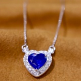 14k Gold 2.41 Ctw Vivid Blue Natural Sapphire & Diamond Necklace