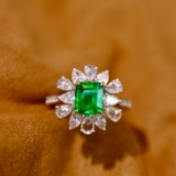 14k Gold 2.28 Ctw Vivid Green Natural Emerald & Diamond Ring