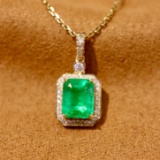 14k Gold 1.37 Ctw Vivid Green Natural Emerald & Diamond Pendant