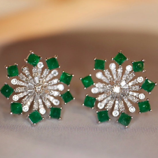 14k Gold 2.3 Ctw Vivid Green Natural Emerald & Diamond Earrings