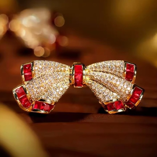 14k Gold 1.20 Ctw Vivid Red Natural Ruby & Diamond Brooch