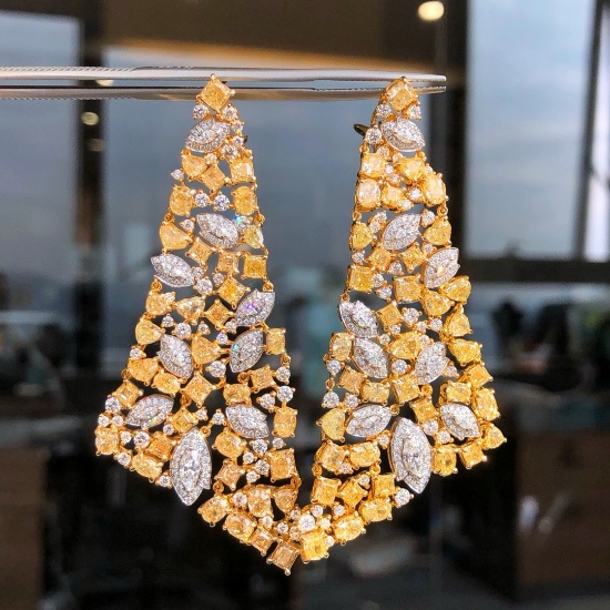 14k Gold 16.96 Ctw Natural Yellow Diamond & Diamond Earrings