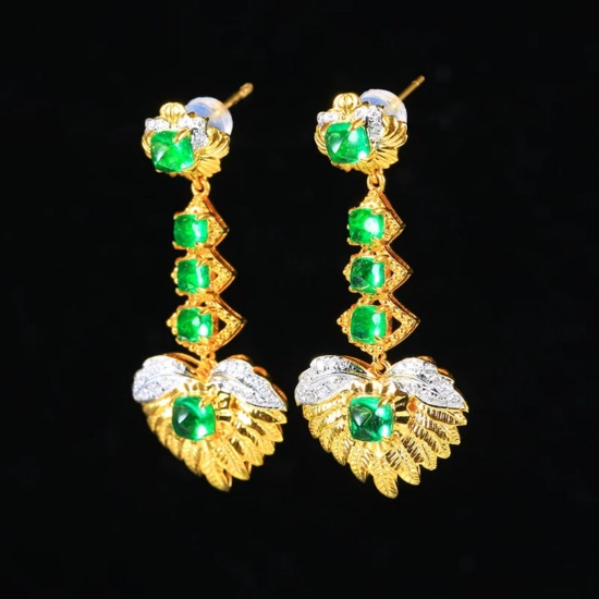 14k Gold 4.19 Ctw Intense Green Natural Emerald & Diamond Earrings