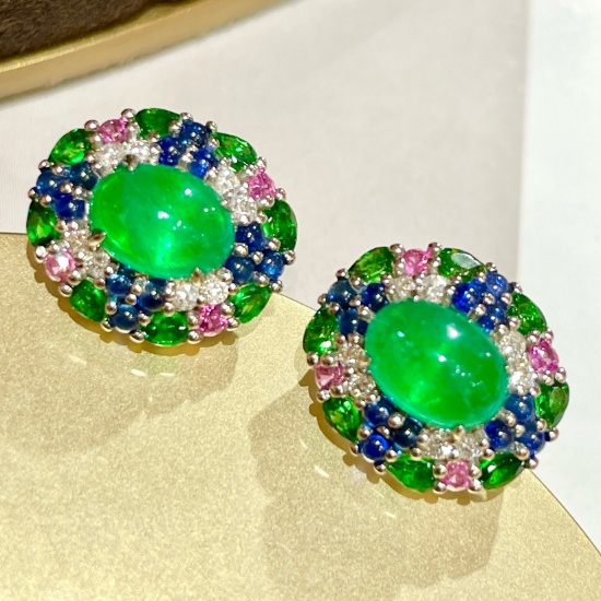 14k Gold 1.88 Ctw Vivid Green Natural Emerald & Diamond Earrings