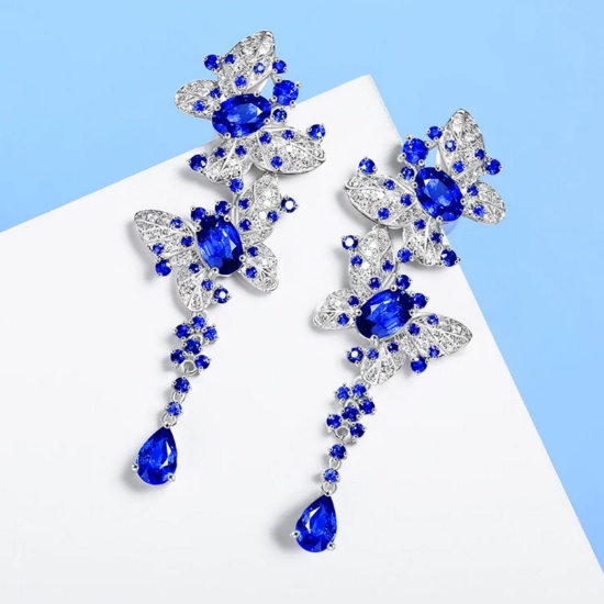 14k Gold 3.54 Ctw Vivid Blue Natural Sapphire & Diamond Earrings