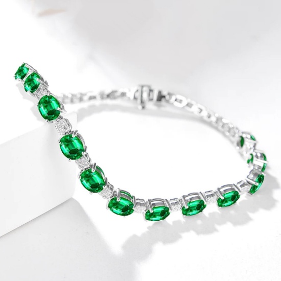 14k Gold 6.38 Ctw Vivid Green Natural Emerald & Diamond Bracelet