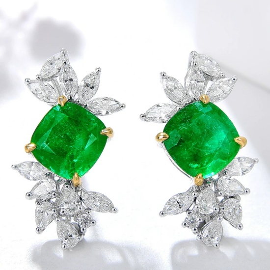 14k Gold 3.73 Ctw Vivid Green Natural Emerald & Diamond Earrings