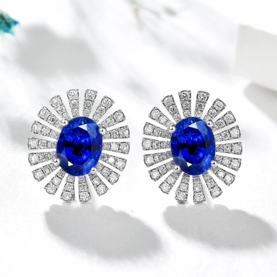 14k Gold 2.90 Ctw Vivid Blue Natural Sapphire & Diamond Earrings