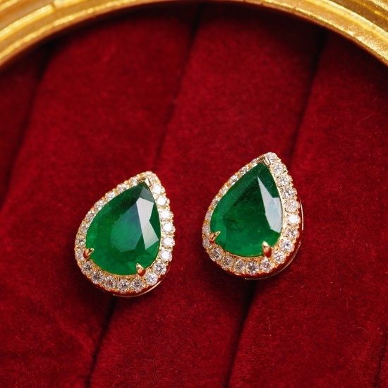 14k Gold 1.74 Ct Vivid Green Natural Emerald & Diamond Earrings