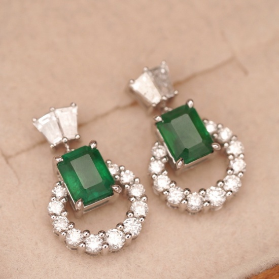14k Gold 1.45 Ctw Vivid Green Natural Emerald & Diamond Earrings