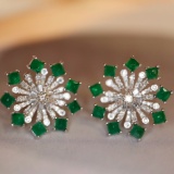 14k Gold 2.3 Ctw Vivid Green Natural Emerald & Diamond Earrings
