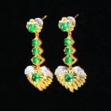 14k Gold 4.19 Ctw Intense Green Natural Emerald & Diamond Earrings