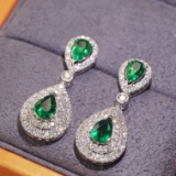 14k Gold 2.57 Ctw Vivid Green Natural Emerald & Diamond Earrings