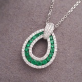 14k Gold 0.91 Ctw Vivid Green Natural Emerald & Diamond Necklace