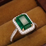 14k Gold 3.67 Ctw Vivid Green Natural Emerald & Diamond Ring
