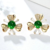 14k Gold 2.53 Ctw Vivid Green Natural Emerald & Diamond Earrings
